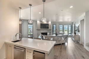 Kitchen featuring a peninsula, a premium fireplace, light stone countertops, stainless steel dishwasher, and open floor plan