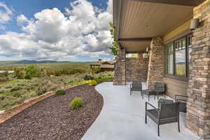View of patio featuring a mountain view