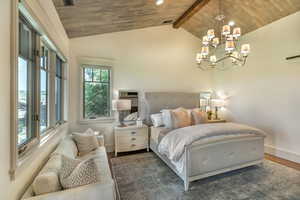 Bedroom featuring wood finished floors, a wood ceiling with exposed beams, and a chandelier