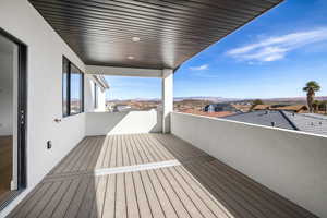Wooden deck featuring a mountain view