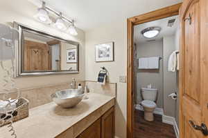 Bathroom with vanity and dark wood-style flooring