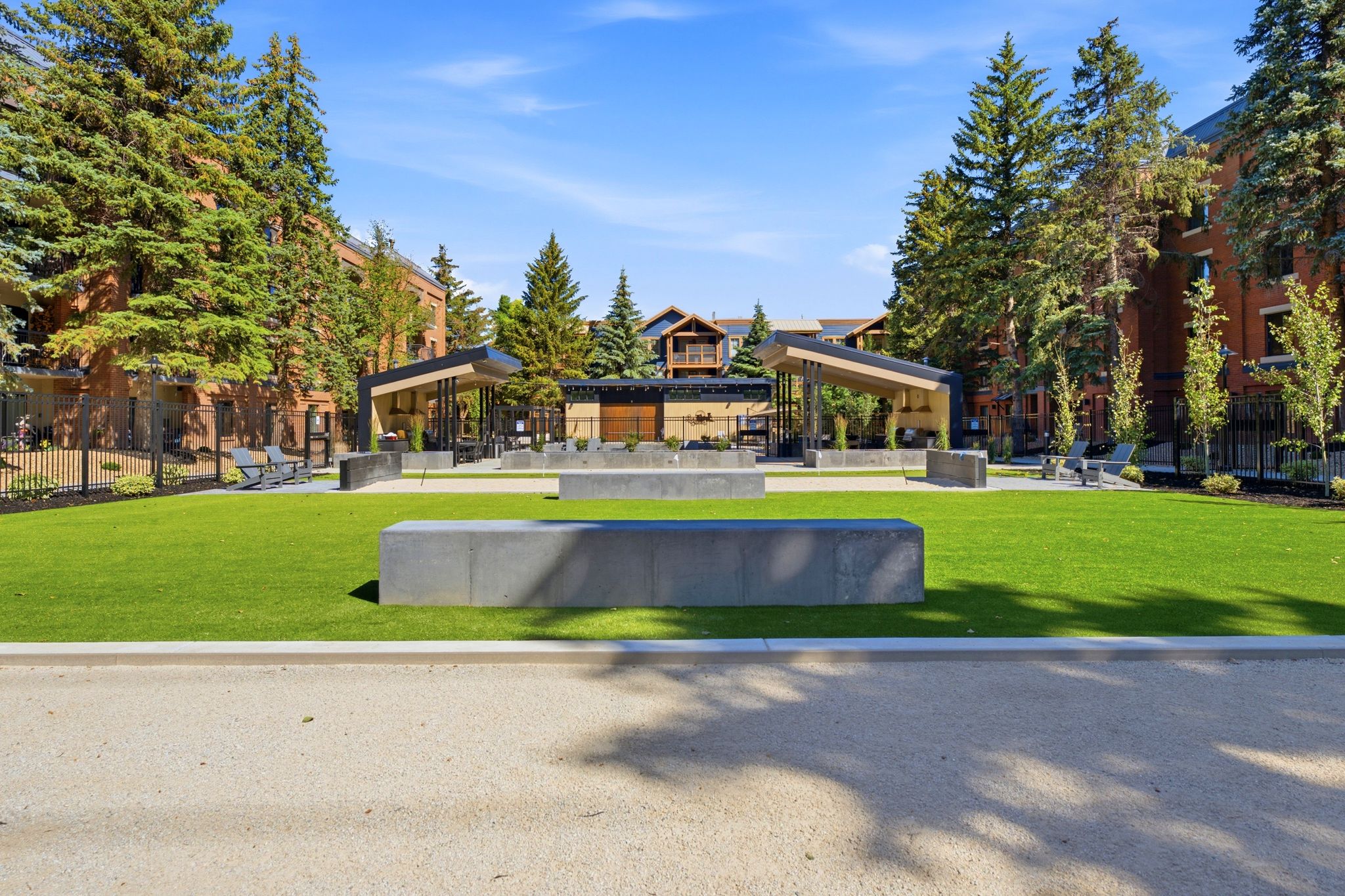 Central green space with artificial turf