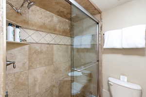 Full bathroom featuring a stall shower and toilet