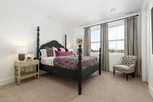 Bedroom with light colored carpet and baseboards