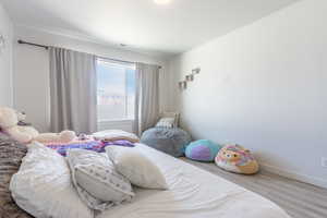 Bedroom with light wood finished floors and baseboards