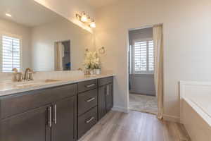 Bathroom featuring double vanity, light wood-type flooring, and a bath