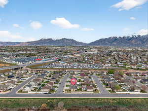 Aerial perspective of suburban area with mountains
