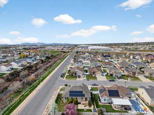 Aerial view of residential area with a mountainous background