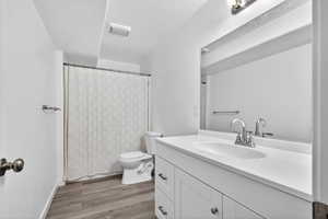 Bathroom featuring vanity, a shower with curtain, and light wood-style flooring