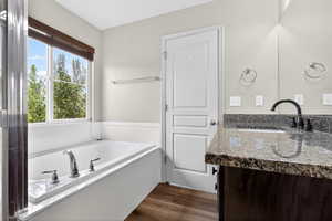 Bathroom featuring vanity, a bath, and dark wood finished floors