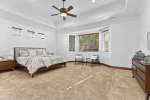 Bedroom featuring light colored carpet, a ceiling fan, crown molding, and a raised ceiling