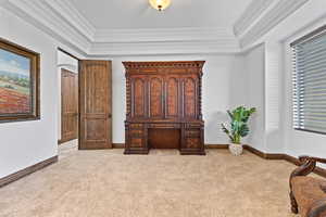 Bedroom with light colored carpet, multiple windows, and ornamental molding
