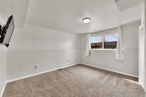 Unfurnished room featuring light colored carpet and a textured ceiling