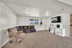 Carpeted living room with baseboards and a textured ceiling