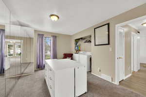 Laundry area featuring washer and dryer, french doors, and light carpet