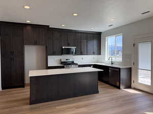 Kitchen featuring stainless steel appliances, a center island, light wood-type flooring, decorative backsplash, and dark wood finish cabinetry