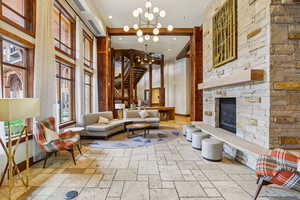 Lobby with a high ceiling and recessed lighting