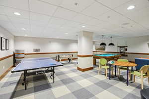 Playroom with recessed lighting, a paneled ceiling, and billiards table