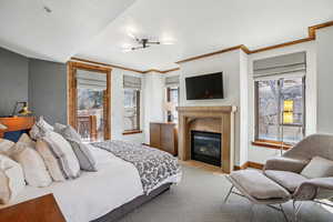 Bedroom with access to outside, a fireplace with flush hearth, light colored carpet, and ornamental molding