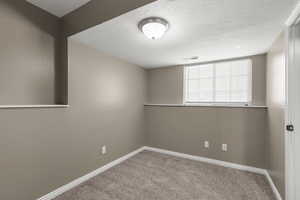 Cozy basement bedroom with plush carpet, neutral tones, and natural light. Ideal for guests, a home office, or flex space with comfortable privacy and functional layout.
