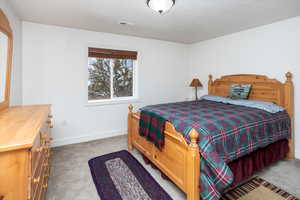 Bedroom featuring light colored carpet