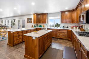 Kitchen featuring a peninsula, wood finish cabinetry, dark wood finished floors, french doors, and stainless steel appliances