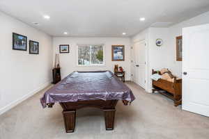 Playroom featuring billiards table, light colored carpet, and recessed lighting