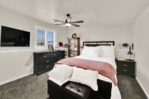Bedroom featuring dark colored carpet and a ceiling fan