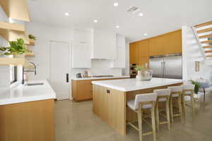 Dual tone kitchen featuring two tone cabinets, finished concrete floors, open shelves, modern cabinets, and stainless steel appliances
