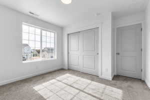 Room featuring a large grid-pattern window, white trim, and neutral-toned carpet