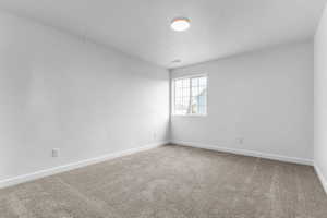 Neutral-toned carpeting paired with white baseboards and walls