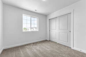 Room featuring light gray carpeting, crisp white walls, a multi-pane window, and a double-door closet with panel detailing