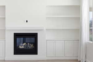 Detailed view of built in features, a glass covered fireplace, and wood finished floors