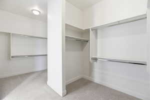 Walk in closet with light carpet