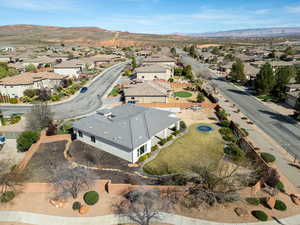 Aerial perspective of suburban area with mountains