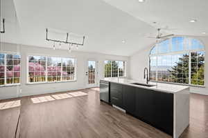 Kitchen with dark cabinetry, dark wood finished floors, a kitchen island with sink, dishwasher, and light stone counters