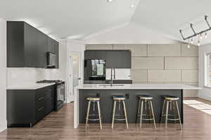 Kitchen featuring modern cabinets, a kitchen bar, black range with gas stovetop, light wood-style flooring, and a kitchen island with sink