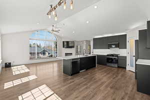 Kitchen with dark cabinetry, open floor plan, stainless steel appliances, a fireplace, and a center island with sink
