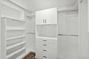 Walk in closet featuring dark wood-type flooring