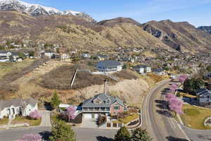 Aerial perspective of suburban area with a mountainous background