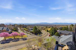 Aerial view of residential area featuring mountains