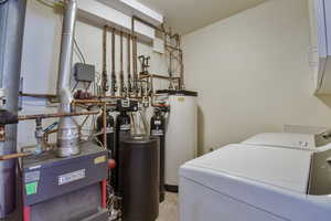 Utilities featuring water heater and washer and clothes dryer