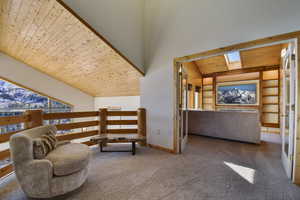 Living area featuring a vaulted wood ceiling, carpet, and a skylight