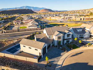 Aerial view of residential area with mountains