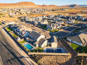 Aerial perspective of suburban area featuring mountains