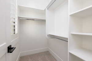 Walk in closet with light colored carpet