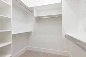 Walk in closet with light carpet
