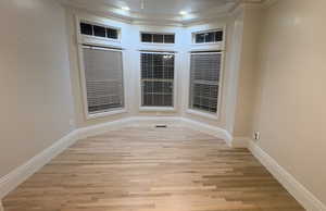 Spare room with ornamental molding and light wood-type flooring