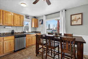 Kitchen with dark countertops, dishwasher, a ceiling fan, a textured ceiling, and wainscoting