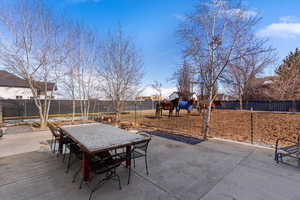 Fenced backyard with a patio area and outdoor dining area